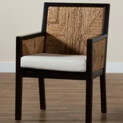 Dining Chairs-Kirkland's Home Abaca And Mahogany Dining Chair With Arms Brown/Tan/Ivory