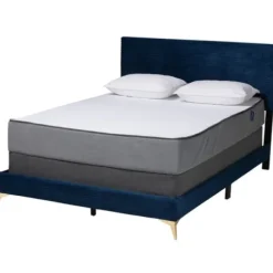 Beds & Headboards-Kirkland's Home Abba Velvet Ribbed Queen Bed Frame Blue