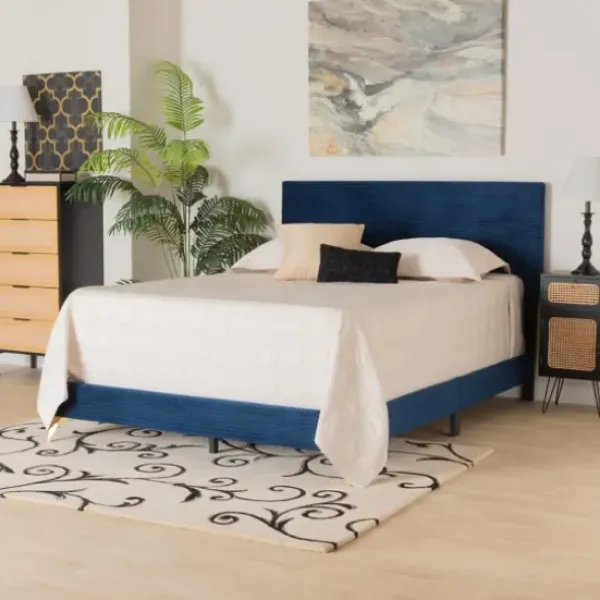 Beds & Headboards-Kirkland's Home Abba Velvet Ribbed Queen Bed Frame Blue
