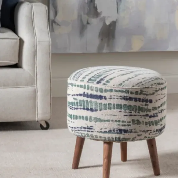 Benches & Ottomans-Kirkland's Home Abstract Lines Wood Ottoman Stool Green/Blue/Ivory