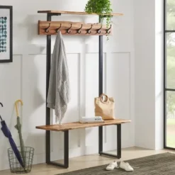 Entryway Furniture-Kirkland's Home Acacia Wood Modern Storage Hooks Hall Tree