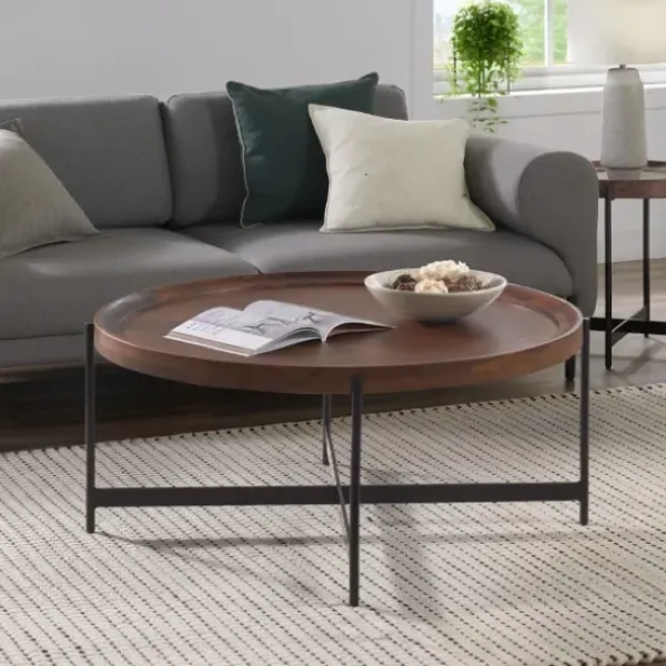 Coffee Tables-Kirkland's Home Acacia Wood Round Tray Top Coffee Table Brown