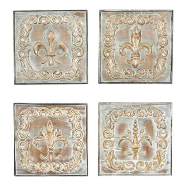 Wall Plaques-Kirkland's Home Aged Brass Fleur-De-Lis 4-Pc. Panel Wall Art Gold/Green