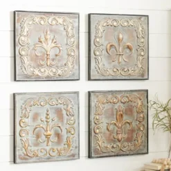 Wall Plaques-Kirkland's Home Aged Brass Fleur-De-Lis 4-Pc. Panel Wall Art Gold/Green