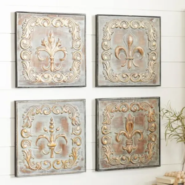 Wall Plaques-Kirkland's Home Aged Brass Fleur-De-Lis 4-Pc. Panel Wall Art Gold/Green