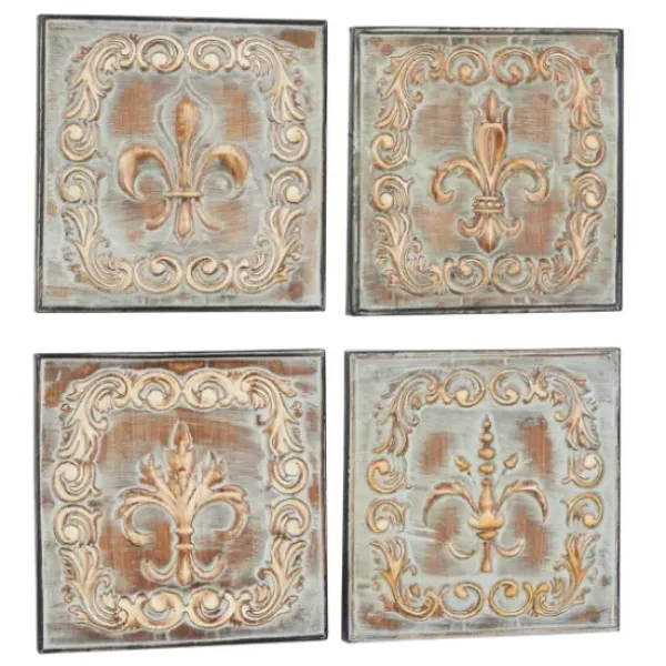 Wall Plaques-Kirkland's Home Aged Brass Fleur-De-Lis 4-Pc. Panel Wall Art Gold/Green