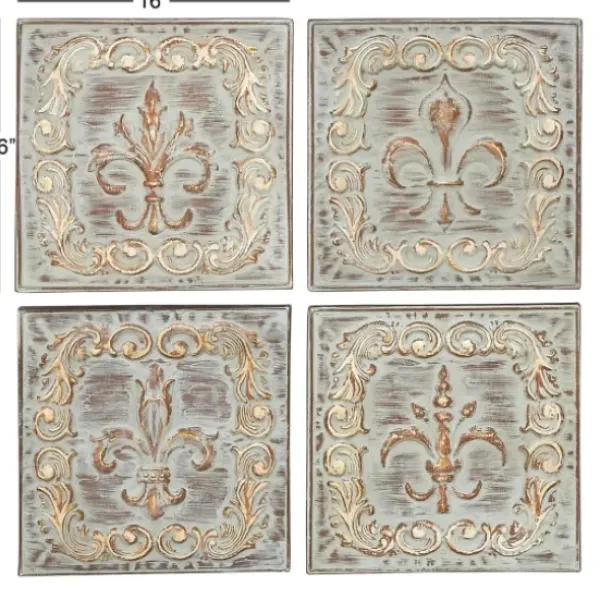 Wall Plaques-Kirkland's Home Aged Brass Fleur-De-Lis 4-Pc. Panel Wall Art Gold/Green