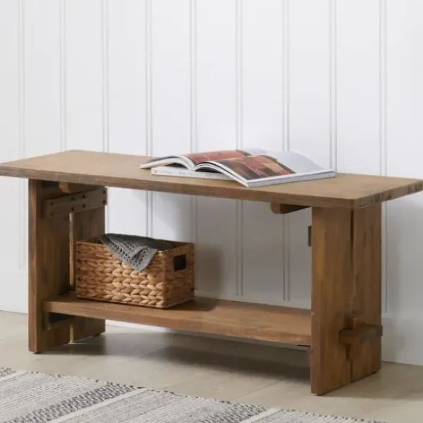 Benches & Ottomans-Kirkland's Home Aged Brown Acacia Wood Board Bench