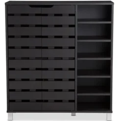 Entryway Furniture-Kirkland's Home Aldrich Black Slatted Shoe Storage Cabinet