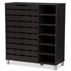 Entryway Furniture-Kirkland's Home Aldrich Black Slatted Shoe Storage Cabinet