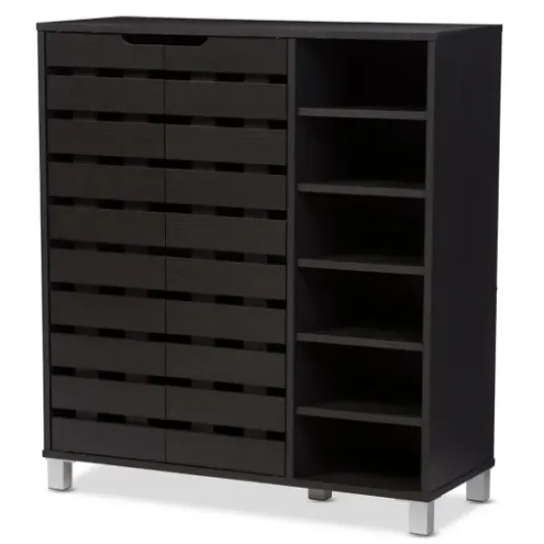 Entryway Furniture-Kirkland's Home Aldrich Black Slatted Shoe Storage Cabinet