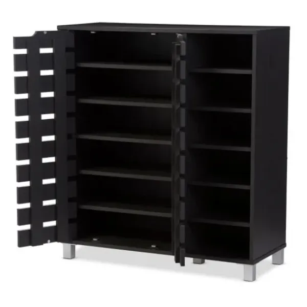 Entryway Furniture-Kirkland's Home Aldrich Black Slatted Shoe Storage Cabinet