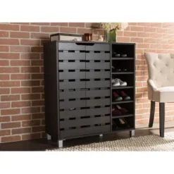 Entryway Furniture-Kirkland's Home Aldrich Black Slatted Shoe Storage Cabinet
