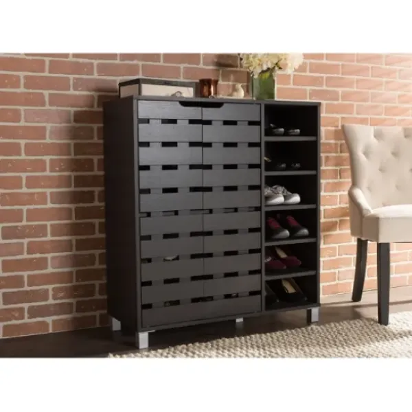 Entryway Furniture-Kirkland's Home Aldrich Black Slatted Shoe Storage Cabinet
