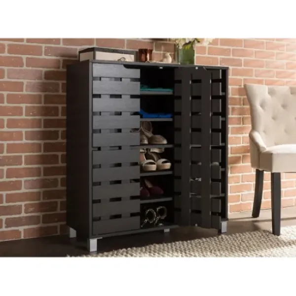 Entryway Furniture-Kirkland's Home Aldrich Black Slatted Shoe Storage Cabinet