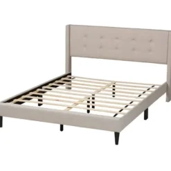 Beds & Headboards-Kirkland's Home Amala Beige Button Tufted Queen Bed Frame Tan
