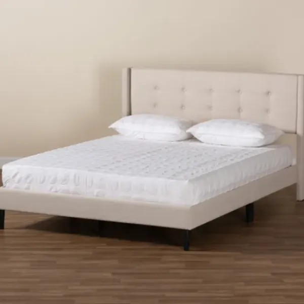 Beds & Headboards-Kirkland's Home Amala Beige Button Tufted Queen Bed Frame Tan