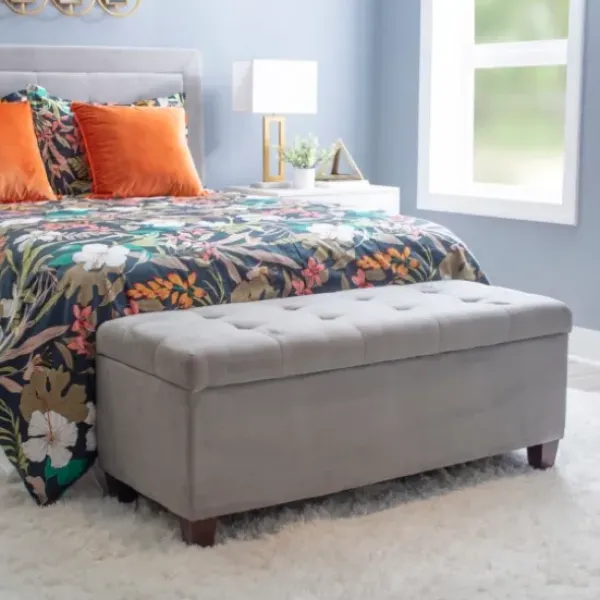 Entryway Furniture-Kirkland's Home Amelia Tufted Shoe Storage Ottoman Bench Gray