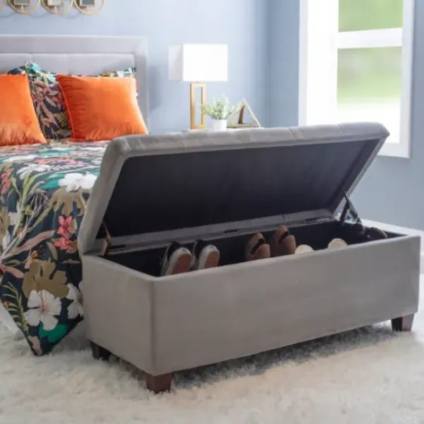 Entryway Furniture-Kirkland's Home Amelia Tufted Shoe Storage Ottoman Bench Gray