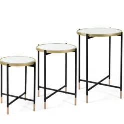 Accent & End Tables-Kirkland's Home Anastasia Mirrored Metal Accent Tables, Set Of 3 Black