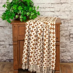 Blankets & Throws-Kirkland's Home And Beige Patterned Fringe Throw Brown