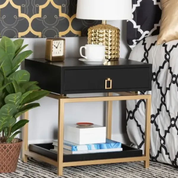 Nightstands-Kirkland's Home And Gold 1-Drawer Nightstand Black