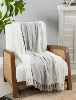 Blankets & Throws-Kirkland's Home And Gray Striped And Fringe Throw Blanket White
