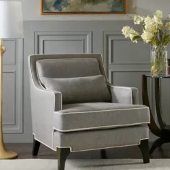 Accent Chairs-Kirkland's Home And Ivory Trim Upholstered Armchair Gray