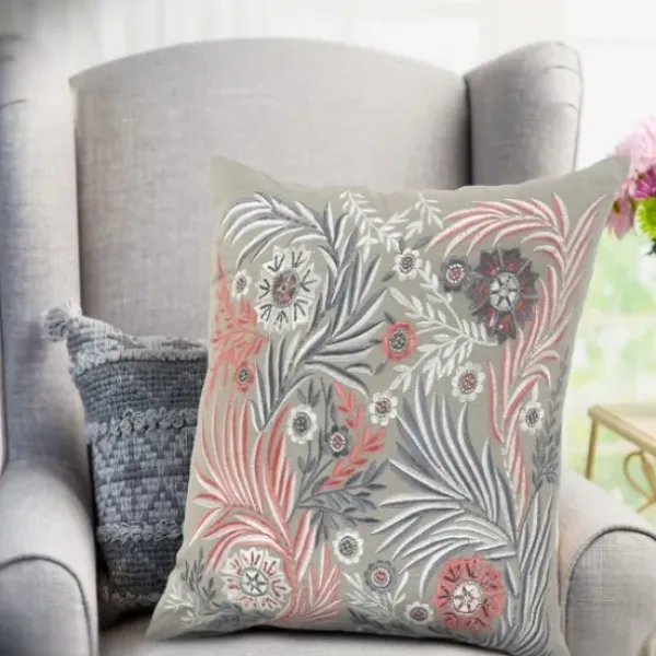 Pillows-Kirkland's Home And Pink Feather Garden Cotton Pillow Gray