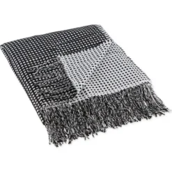 Blankets & Throws-Kirkland's Home And White Waffle Knit Fringe Throw Black