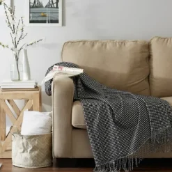 Blankets & Throws-Kirkland's Home And White Waffle Knit Fringe Throw Black