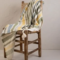 Blankets & Throws-Kirkland's Home And Yellow Stripe Throw Blanket Blue
