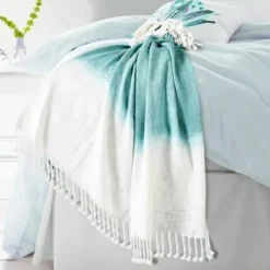 Blankets & Throws-Kirkland's Home Angel Blue Shibori Slab Fringe Throw Blue/White