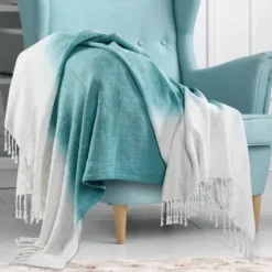 Blankets & Throws-Kirkland's Home Angel Blue Shibori Slab Fringe Throw Blue/White