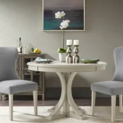 Dining Tables-Kirkland's Home Antique Cream Wood Pedestal Round Dining Table
