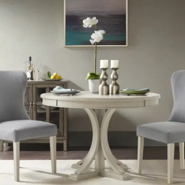Dining Tables-Kirkland's Home Antique Cream Wood Pedestal Round Dining Table