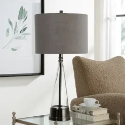 Table Lamps-Kirkland's Home Antique Dark Nickel Cone Base Table Lamp Gray