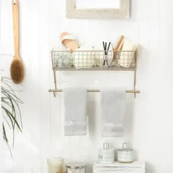Wall Storage-Kirkland's Home Antique Gold Wire Basket Towel Rack, 17 In.