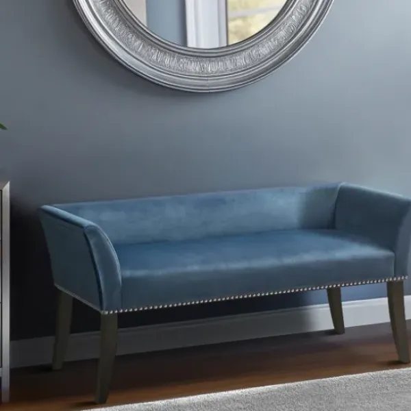 Benches & Ottomans-Kirkland's Home Antique Sapphire Low Back Upholstered Bench Blue