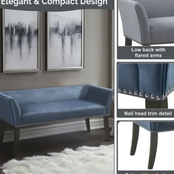 Benches & Ottomans-Kirkland's Home Antique Sapphire Low Back Upholstered Bench Blue