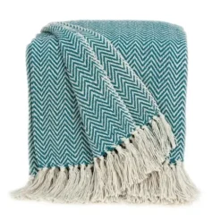 Blankets & Throws-Kirkland's Home Aqua Chevron Cotton Handloomed Tassel Throw Blue