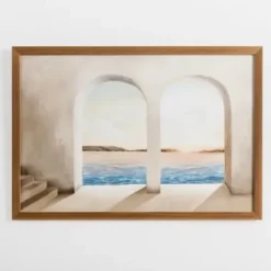 Framed Art-Kirkland's Home Arched Coastal Viewpoint Framed Art Print Tan/Blue