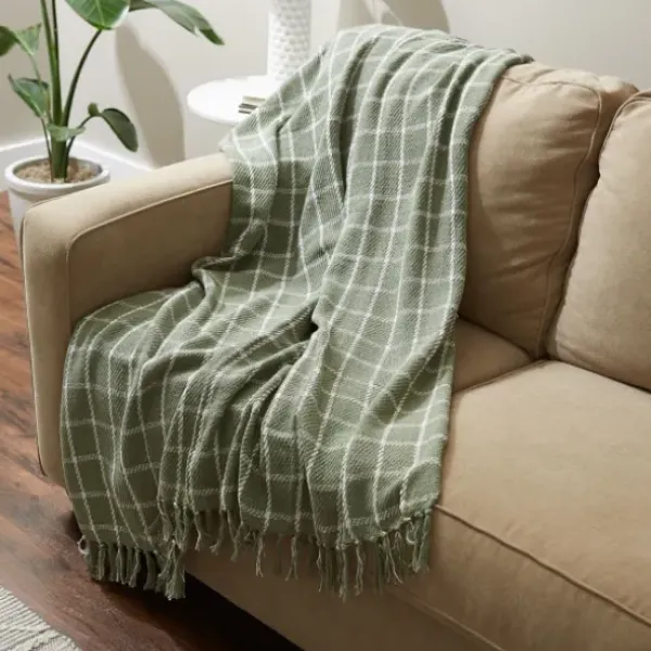Blankets & Throws-Kirkland's Home Artichoke Plaid Fringed Throw Green