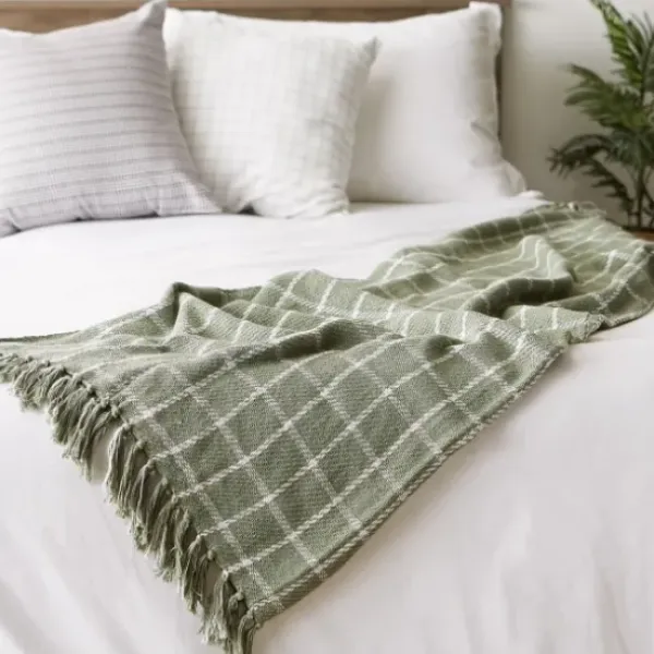 Blankets & Throws-Kirkland's Home Artichoke Plaid Fringed Throw Green