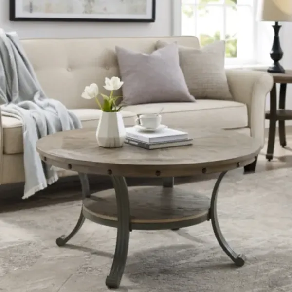 Coffee Tables-Kirkland's Home Ash Round Nailhead Coffee Table Gray