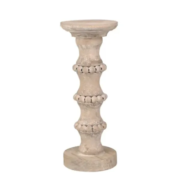 Candle Holders-Kirkland's Home Banded Bead Wood Candle Holder, 13 In. Ivory