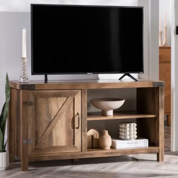 Tv Stands & Media Consoles-Kirkland's Home Barn Door Rustic Oak Tv Stand With Open Shelves Brown