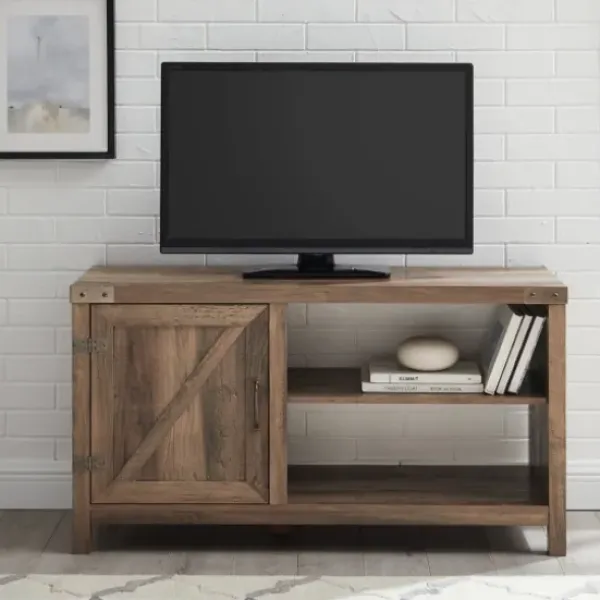 Tv Stands & Media Consoles-Kirkland's Home Barn Door Rustic Oak Tv Stand With Open Shelves Brown