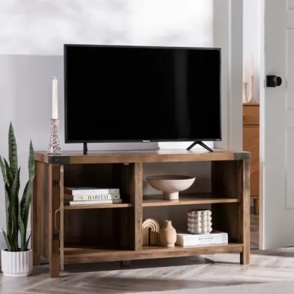 Tv Stands & Media Consoles-Kirkland's Home Barn Door Rustic Oak Tv Stand With Open Shelves Brown