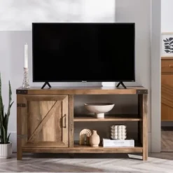 Tv Stands & Media Consoles-Kirkland's Home Barn Door Rustic Oak Tv Stand With Open Shelves Brown